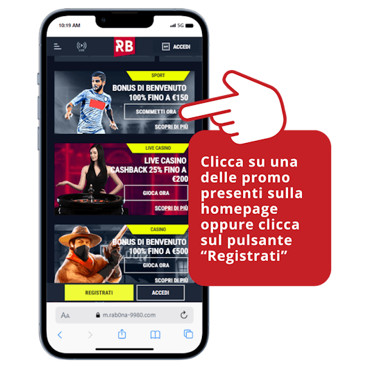Smartphone che illustra la procedura di registrazione su Rabona