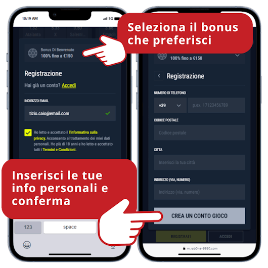 Smartphone che mostra come fornire informazioni personali a Rabona