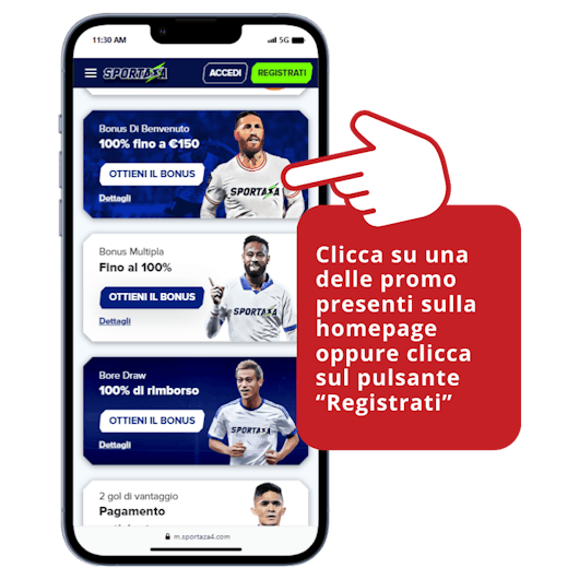 Smartphone che mostra i bonus di benvenuto disponibili su Sportaza