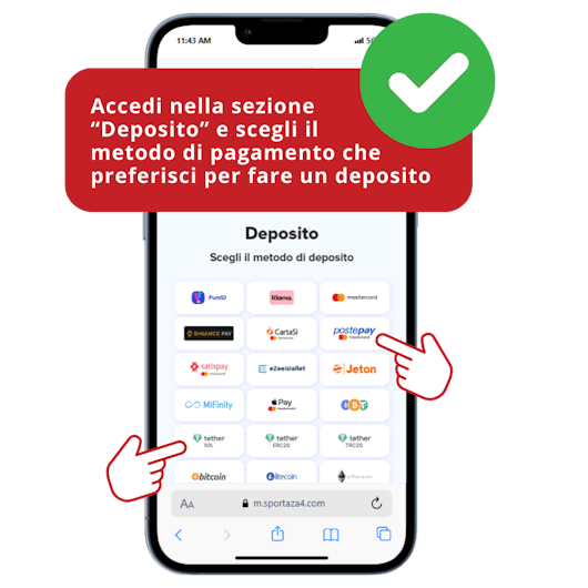 Smartphone che mostra come effettuare un deposito su Sportaza