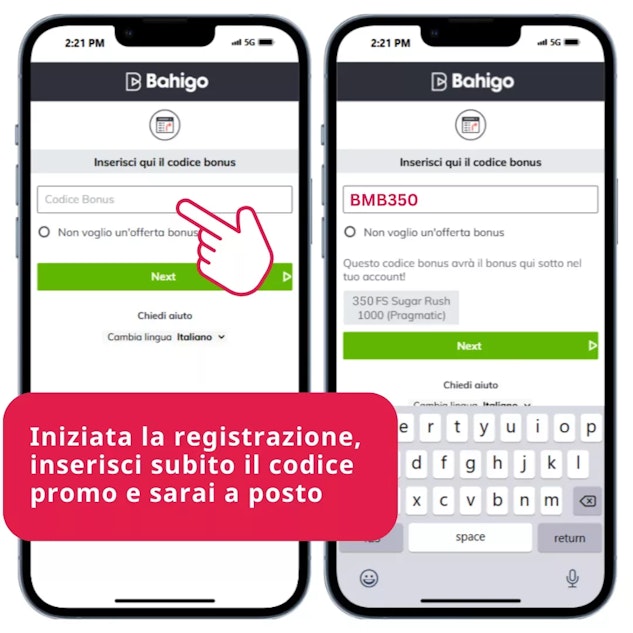 Esempio di come inserire il codice promozionale di Bahigo