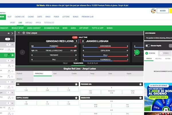 Hai la possibilità di piazzare scommesse in tempo reale e seguire gli eventi sportivi tramite streaming.
