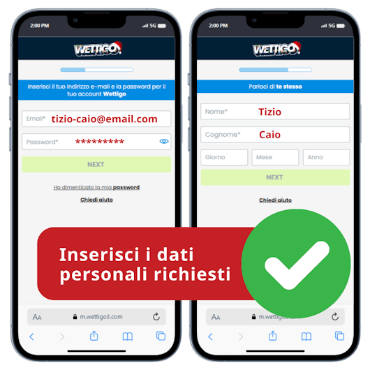 Screenshot che mostra come inserire i dati personali su Wettigo.
