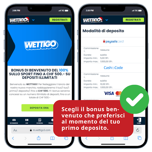 Screenshot che mostra come ottenere il bonus di benvenuto su Wettigo.