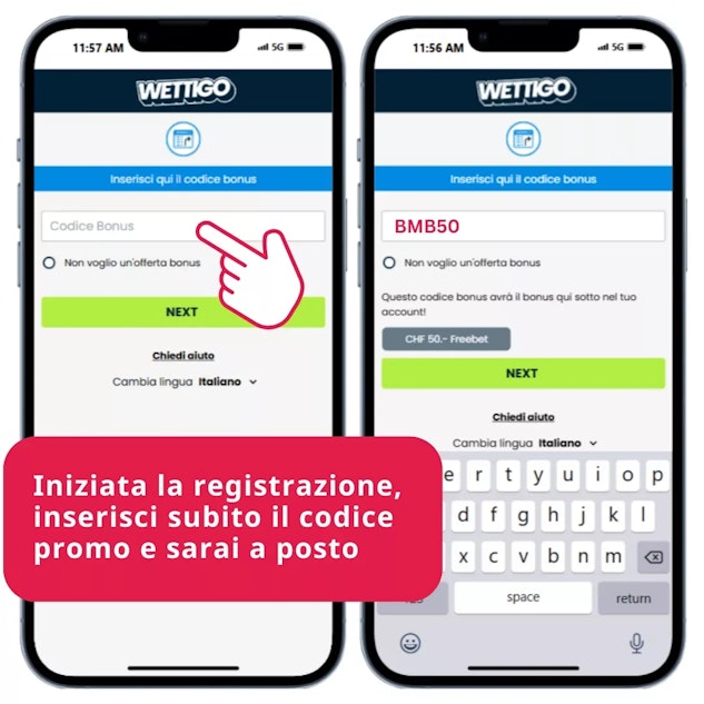 Registrazione su Wettigo con codice promo per freebet CASH da 50 CHF