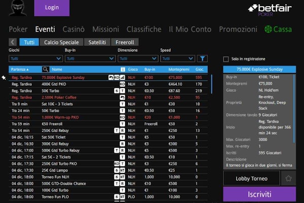 Puoi scegliere tra numerosi tornei di poker.