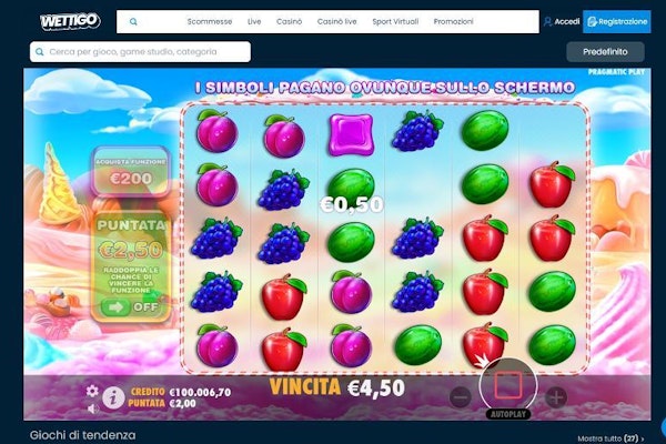 Immancabile su Wettigo anche la popolare slot Sweet Bonanza.